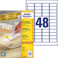 Usuwalne etykiety uniwersalne, A4, 100 ark./op., 45, 7 x 21, 2 mm, biae, AVERY ZWECKFORM, L4736REV-100