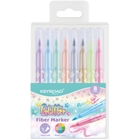 Flamastry KEYROAD Fiber Marker Glitter, zakoczone pdzelkiem, brokatowe, 8 szt., mix kolorw pastelowych