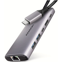 HMC-6G2L Wieloportovy hub USB 6in1, 10Gbps, 2xUSB-A, 1xUSB-C, HDMI 4K/60Hz, PD 100W, GLAN, 15cm USB-C kabel