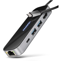 HMC-6GLN Wieloportowy hub USB 6in1, 5Gbps, 2xUSB-A, 1x USB-C, GLAN, HDMI 4K/60Hz, PD 100W, 20cm USB-C kabel