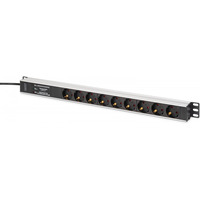 Listwa zasilająca PDU Rack (620mm) z zabezpieczeniem przeciwprzepięciowym + filtr EMI/RFI, 9 gniazd Schuko CEE 7/3 (45°), kabel 2m wtyk Unischuko CEE