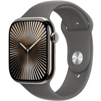 Watch Series 10 GPS + Cellular, koperta 46 mm z tytanu w kolorze naturalnym z paskiem sportowym w kolorze grskiej szaroci - rozmiar S/M