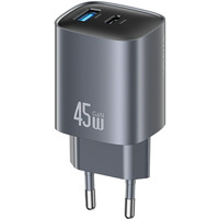 Ładowarka sieciowa T66 45W CC290 GaN Fast charge 1xUSB-A 1xUSB-C srebrny