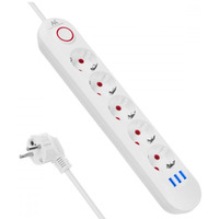 Listwa zasilająca 5 gniazd MCE395 W 3xUSB, 110-240v AC 50/60Hz, 2, 1A max 2500W, biała