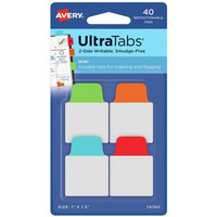 Ultra Tabs - samoprzylepne zakadki indeksujce, kolorowe, klasyczne, 25, 4x38, 40 szt., Avery Zweckform 74760