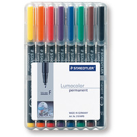 Foliopis Lumocolor, F, wodoodporny, zestaw 8 kol. (1, 2, 3, 4, 5, 6, 7, 9) w etui box, Staedtler S 318 WP8