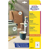 Etykiety o nietypowych ksztatach, A4, 10 ark./op., Q80 mm, okrge, trwae, AVERY ZWECKFORM, 6229.10.01 6229-10 biale
