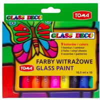 Farby witraowe GLASS PAINT - 9 kolorw + konturwka + folie mix TO-750 Toma