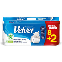 Papier toaletowy celulozowy VELVET Delikatnie Biay, 3-warstwowy, 150 listki, 8+2szt., biay