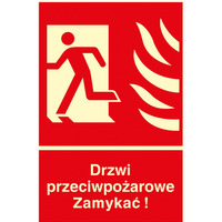 Znak TDC, Drzwi przeciwpoarowe. Zamyka! Kierunek drogi ewakuacyjnej w lewo