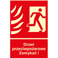 Znak TDC, Drzwi przeciwpoarowe. Zamyka! Kierunek drogi ewakuacyjnej w prawo